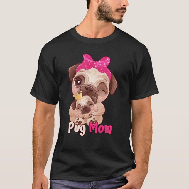 Camiseta Dog  Pink Bow Cute Pug Mom (Frente)