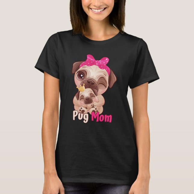 Camiseta Dog  Pink Bow Cute Pug Mom (Frente)
