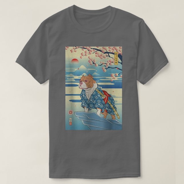 Camiseta Dog Pitbull Samurai Ukiyoe Spring  (2) (Frente do Design)