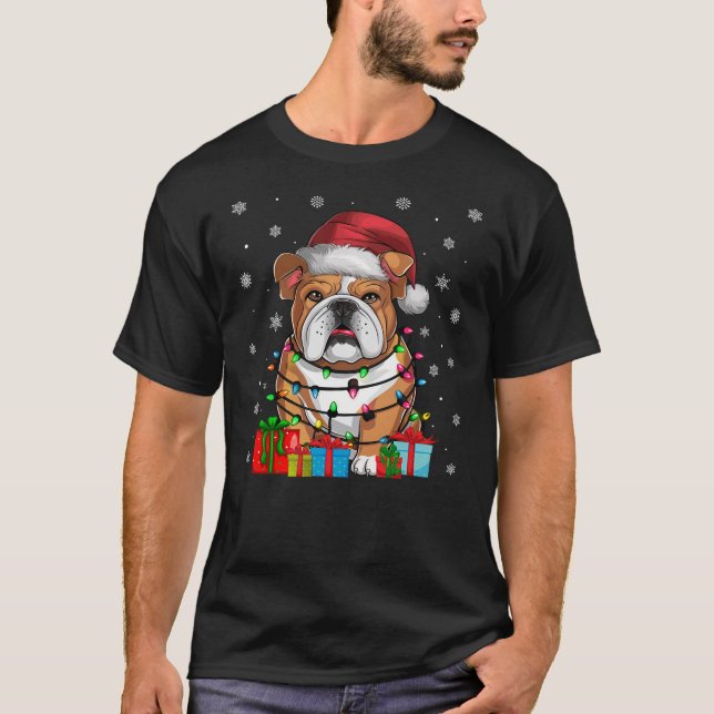 Camiseta Dog Ugly Xmas Lights Santa Hat English Bulldog Chr (Frente)
