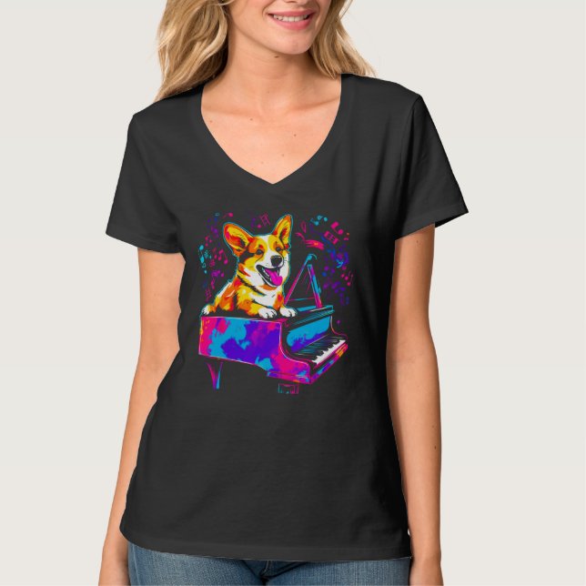 Camiseta Dog Welsh Corgi Pianist (Frente)
