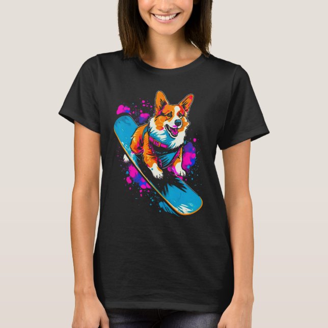 Camiseta Dog Welsh Corgi Snowboarder (Frente)