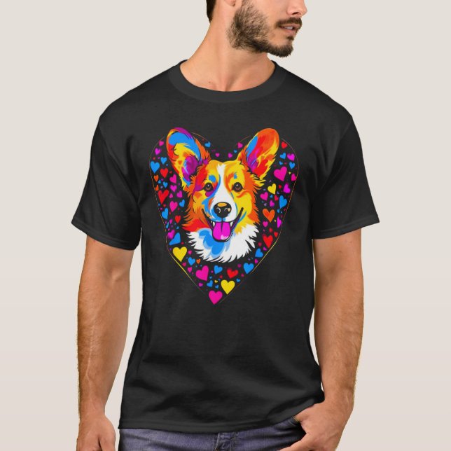 Camiseta Dog Welsh Corgi Yellow Blue Red Heart (Frente)