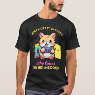 Camiseta Doida por Gatos que Ama Jogos Livros e os Anos 80