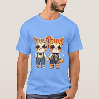 Camiseta Dois amigos gatos fofos de mãos dadas menino
