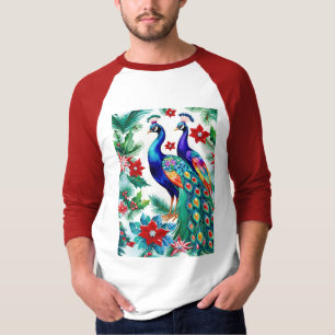 Camiseta Dois Belos Pavões De Natal Com Poinsettias
