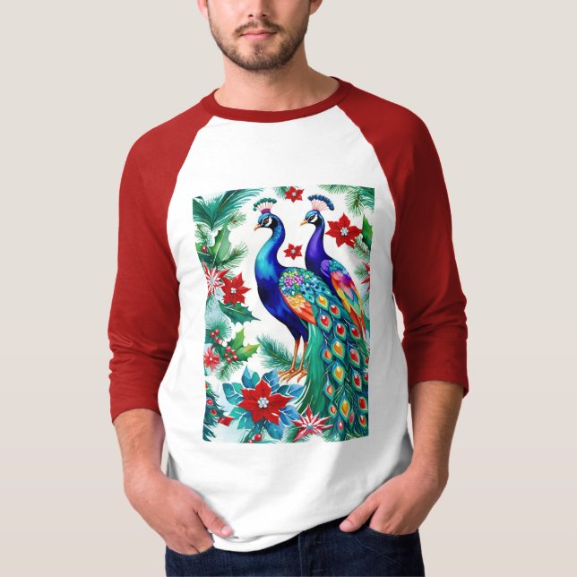 Camiseta Dois Belos Pavões De Natal Com Poinsettias (Frente)