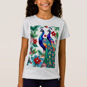 Camiseta Dois Belos Pavões De Natal Com Poinsettias
