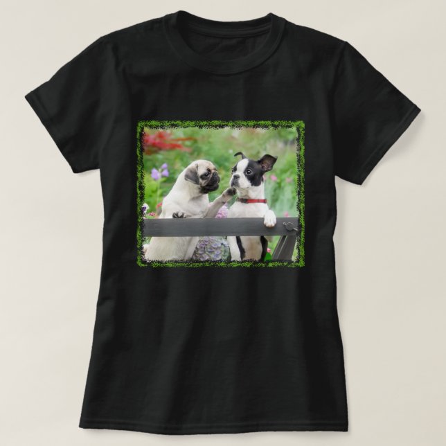 Camiseta Dois cachorros por filhote e Boston Terrier juntos (Frente do Design)