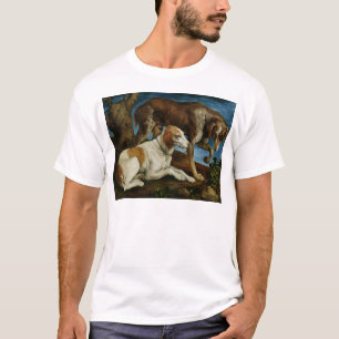 Camiseta Dois cães de caça amarrados a um coto de árvore,