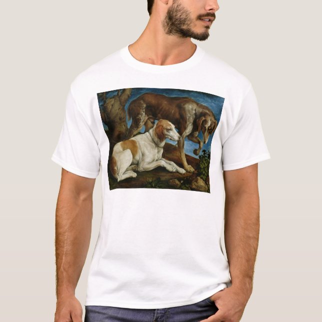 Camiseta Dois cães de caça amarrados a um coto de árvore, (Frente)