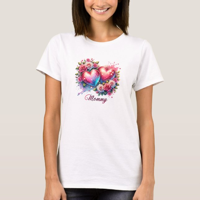 Camiseta Dois corações brilhantes vermelhos corações rosas (Frente)