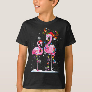 Camiseta Dois Flamingo Com Chapéu De Papai Noel E Luzes Mer