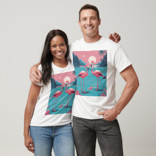 Camiseta Dois Flamingos Rosa No Sunset Rosa Azul Praia