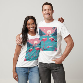 Camiseta Dois Flamingos Rosa No Sunset Rosa Azul Praia