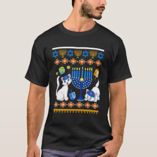 Camiseta Dois gatos judeus com Menorah Chanukah Dreidel Han