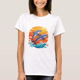 Camiseta Dois golfinhos de desenho animado saltando
