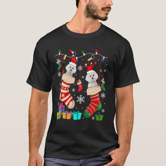 Camiseta Dois Papais noeis Bichon Frise Dogs Nas Meias De N (Frente)