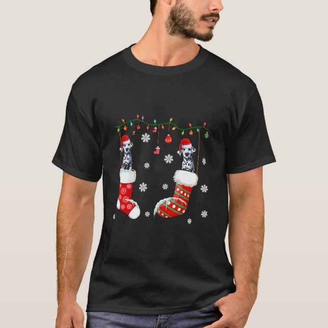 Camiseta Dois Papais noeis Dalmatianos Em Meias De Natal (Frente)