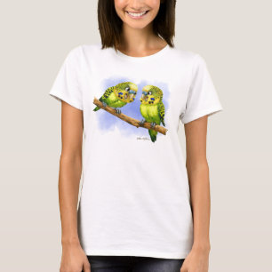 Camiseta Dois Periquitos em um Cartoon de Galho