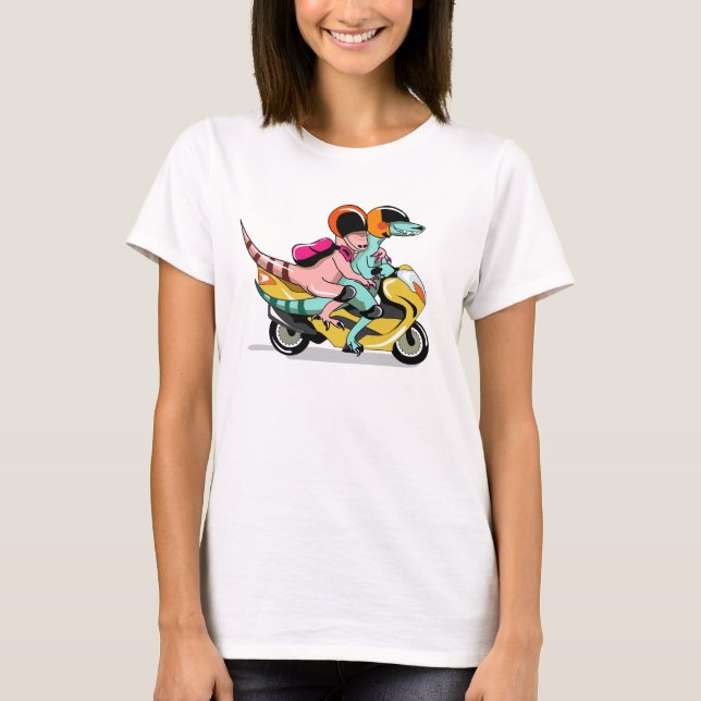 Camiseta Dois Raptores De Cartoon Andando Um Patinete De Mo (Frente)