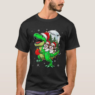 Camiseta Dois Shih Tzus de Natal montando T Rex Apaixonado
