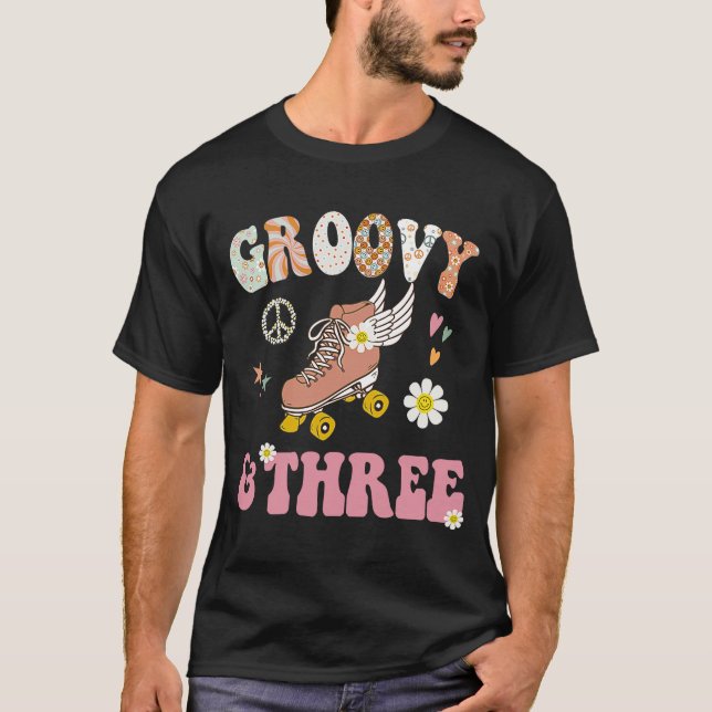 Camiseta Dois Um Três Groovy Birthday 70 Festa Tema para (Frente)