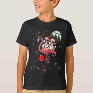 Camiseta Dois Xmas Shih Tzus Andando Flamingo Reindeer Sung