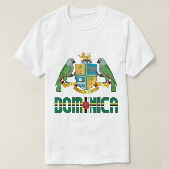 Camiseta Dominica Flag e Casaco de Armas Patriótica (Frente do Design)