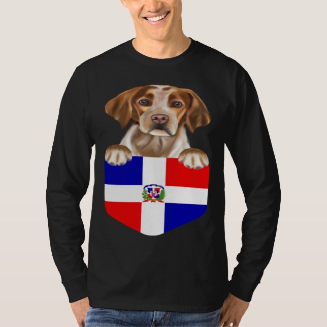 Camiseta Dominican Republic Flag Brittany Dog In Pocket (Frente)