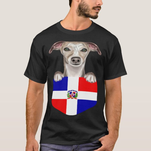Camiseta Dominican Republic Flag Whippet Dog In Pocket (Frente)