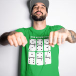 Camiseta Domínios brancos com pontos pretos personalizados<br><div class="desc">Adicione sua própria mensagem personalizada para criar a árvore gráfica personalizada perfeita. Esta t-shirt apresenta ilustrações simples e desenhadas à mão de dominós brancos com pontos pretos e impressão.</div>