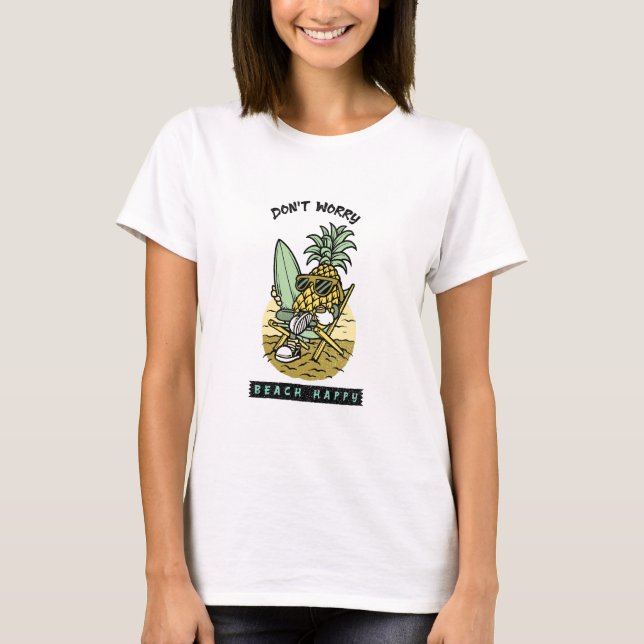 Camiseta Don’t Worry Beach Happy – Funny Pineapple Surfer S (Frente)