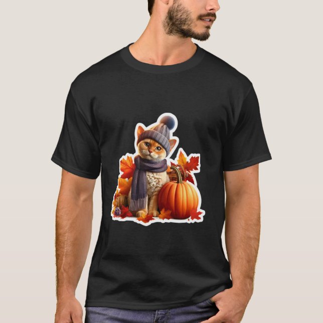 Camiseta Dona do Gato Devon Rex de Ação de Graças de Outono (Frente)