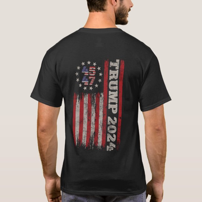 Camiseta Donald Trump 2024 Eleição 45 47 Bandeira Americana (Verso)
