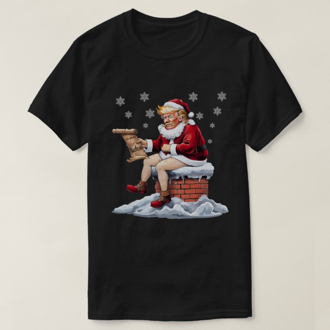 Camiseta Donald Trump Papai Noel Cagando pela Chaminé Biden (Frente do Design)