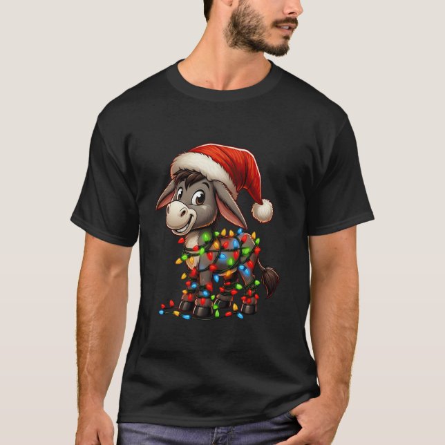 Camiseta Donkey Christmas Lights Santa Hat Xmas Boys Girls (Frente)