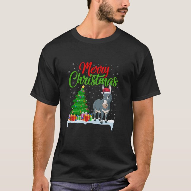 Camiseta Donkey Christmas Tree Lights Engraçado Xmas Donkey (Frente)