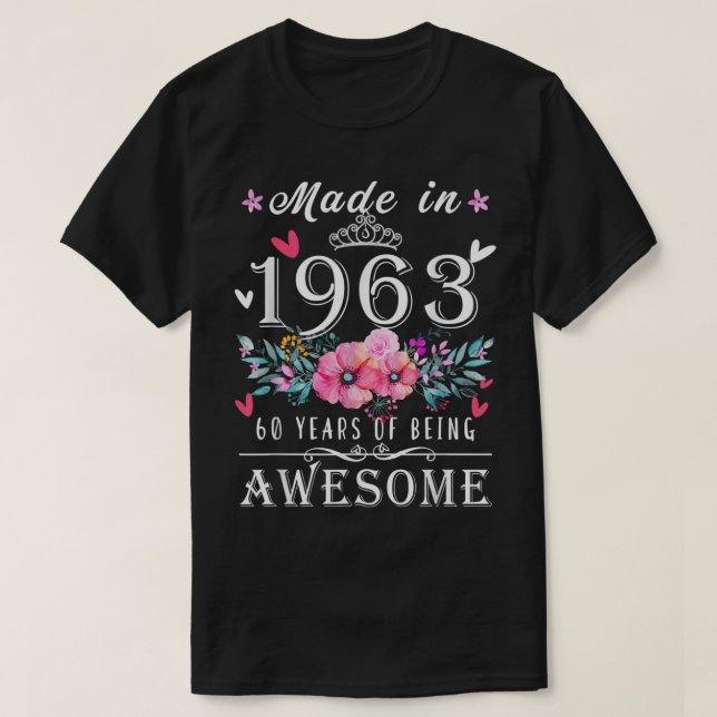 Camiseta Dons de 60 anos florais para mulheres, feitos em 1 (Frente do Design)
