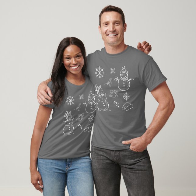 Camiseta Doodle de Natal Snowman Cinzas engraçadas e branca (Unissex)