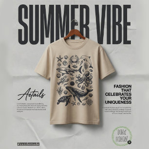 Camiseta Doodle de Vida Oceânica de Verão Costeira