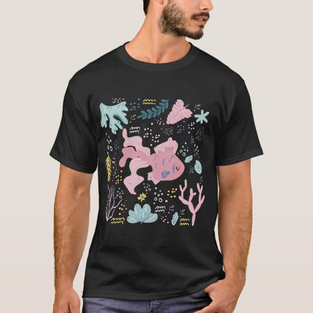 Camiseta Doodle Subaquático de Peixe Rosa Fofo (Frente)
