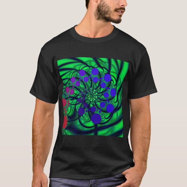 Camiseta Dotty | Roxo Verde Azul e Arte Fractal Vermelha (Frente)
