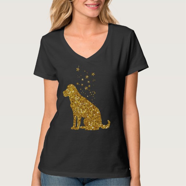 Camiseta Dourada Glitter Stars Labrador Retriever Sentado (Frente)
