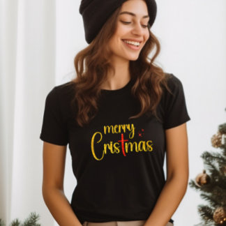 Camiseta Dourada Glitter Vermelha Feliz Natal Cruz Cristã
