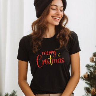 Camiseta Dourada Glitter Vermelha Feliz Natal Cruz Cristã