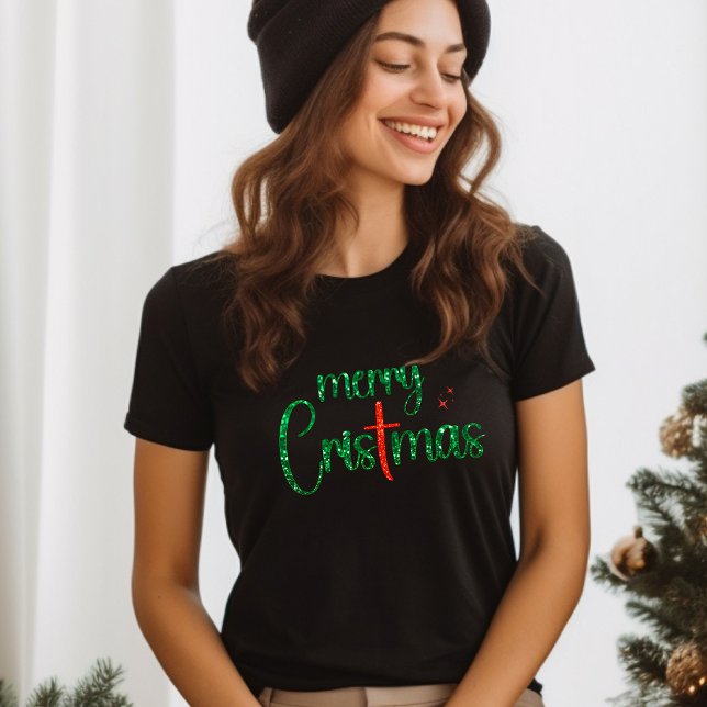 Camiseta Dourada Glitter Vermelha Feliz Natal Cruz Cristã (Criador carregado)