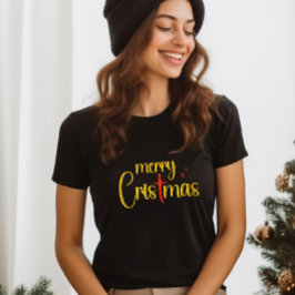 Camiseta Dourada Glitter Vermelha Feliz Natal Cruz Cristã