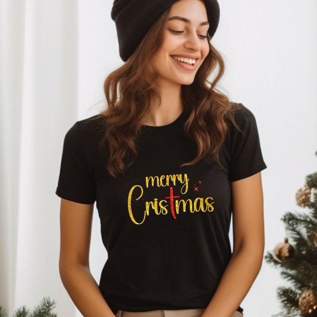 Camiseta Dourada Glitter Vermelha Feliz Natal Cruz Cristã (Criador carregado)