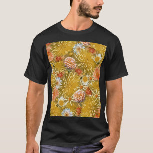 Camiseta Douradas flores dahlia, design floral vintage.